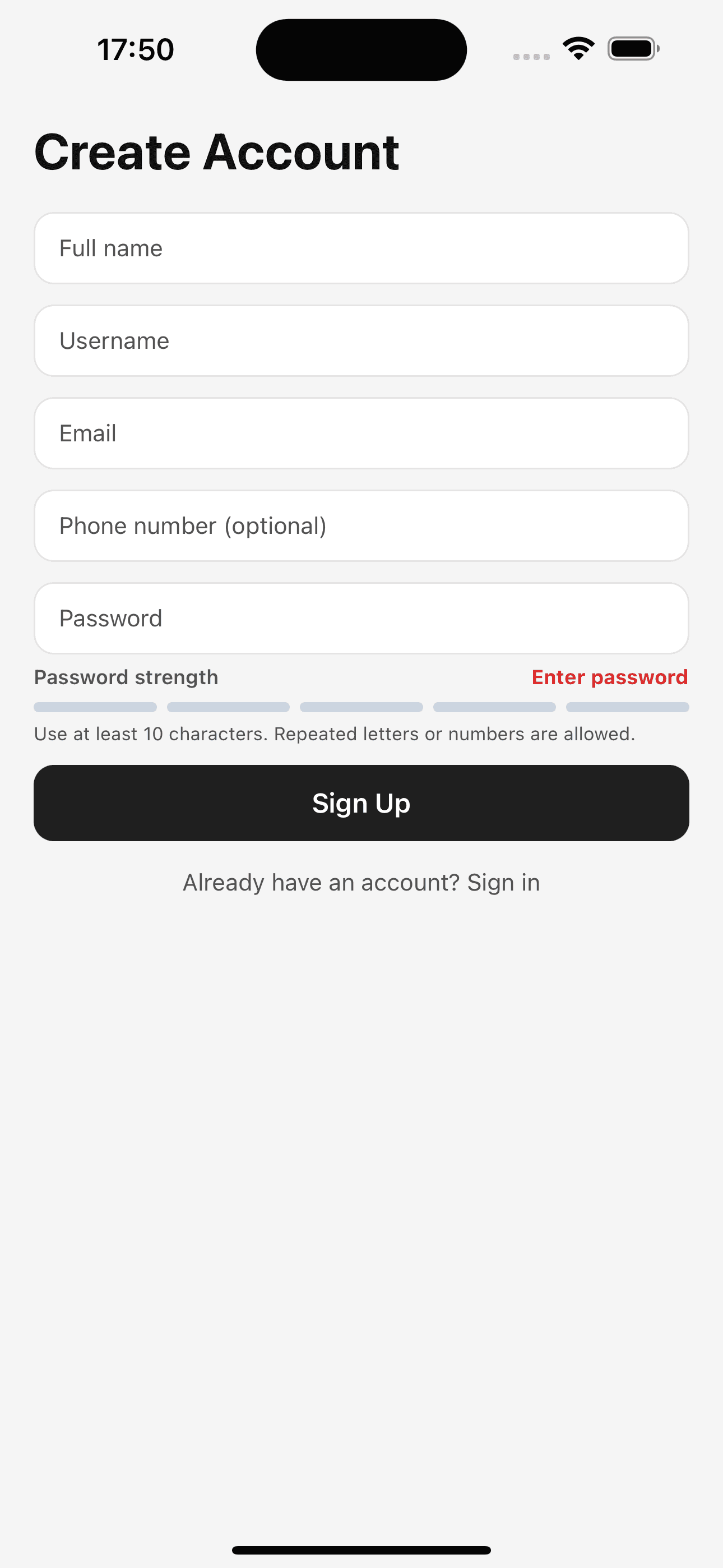 Crypta create account screen