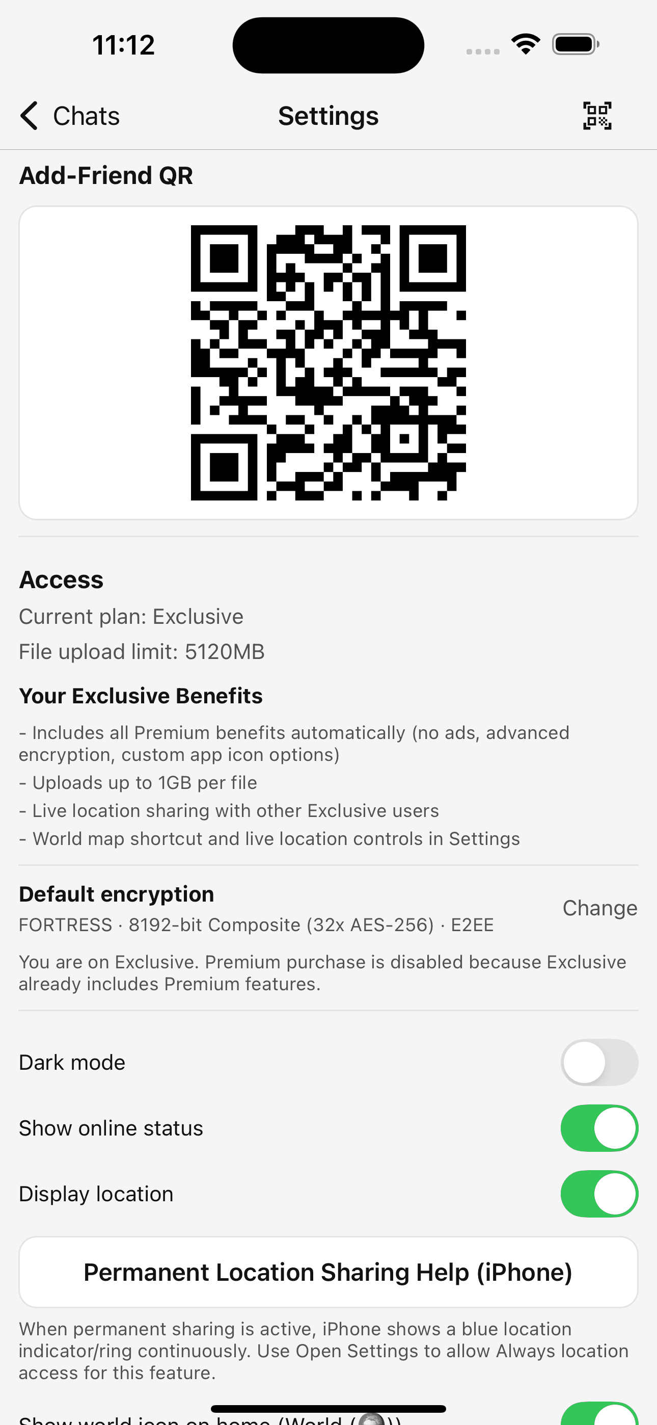 Crypta settings screen with add friend QR and privacy controls