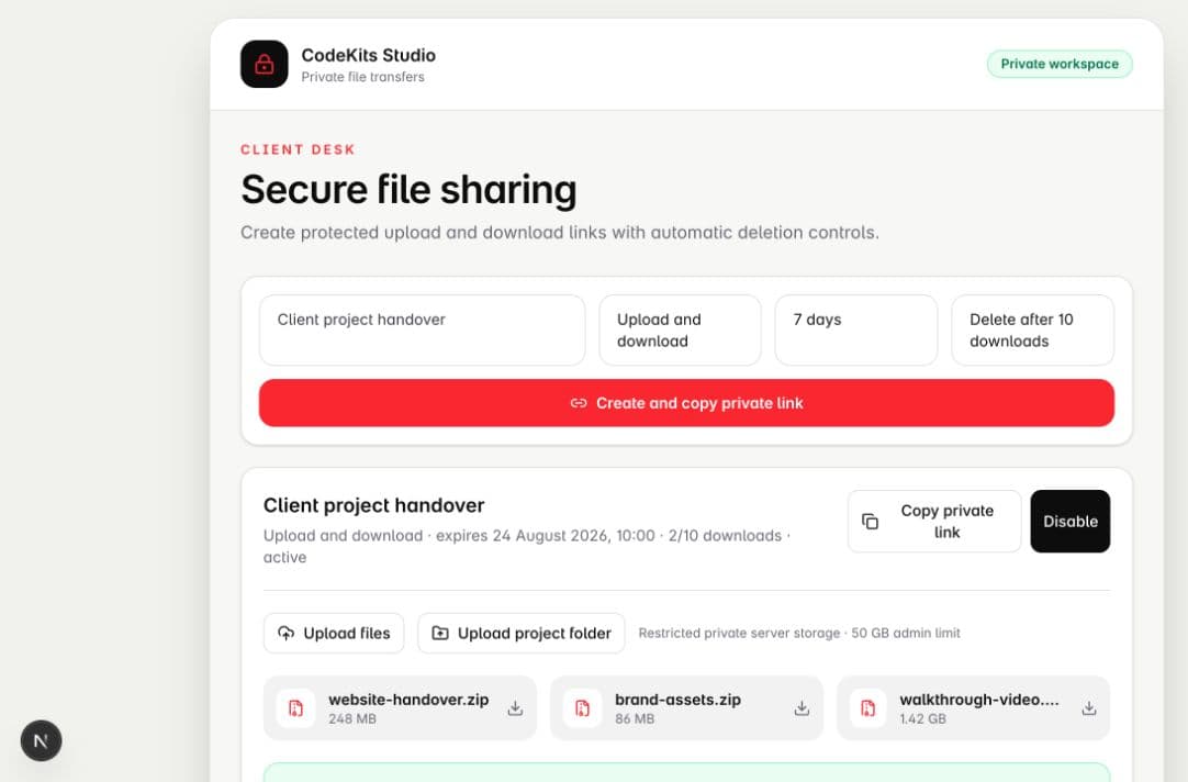 CodeKits private file-sharing admin interface showing an expiring two-way client transfer with a ten-download deletion limit